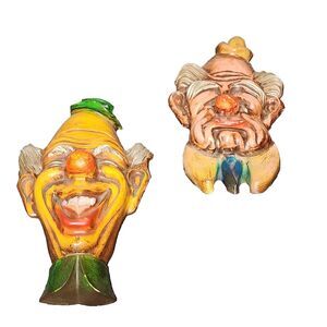 Vintage Pair Of Mid Century Plaster Clowns Wall Plaques Laugh Now Cry Later
